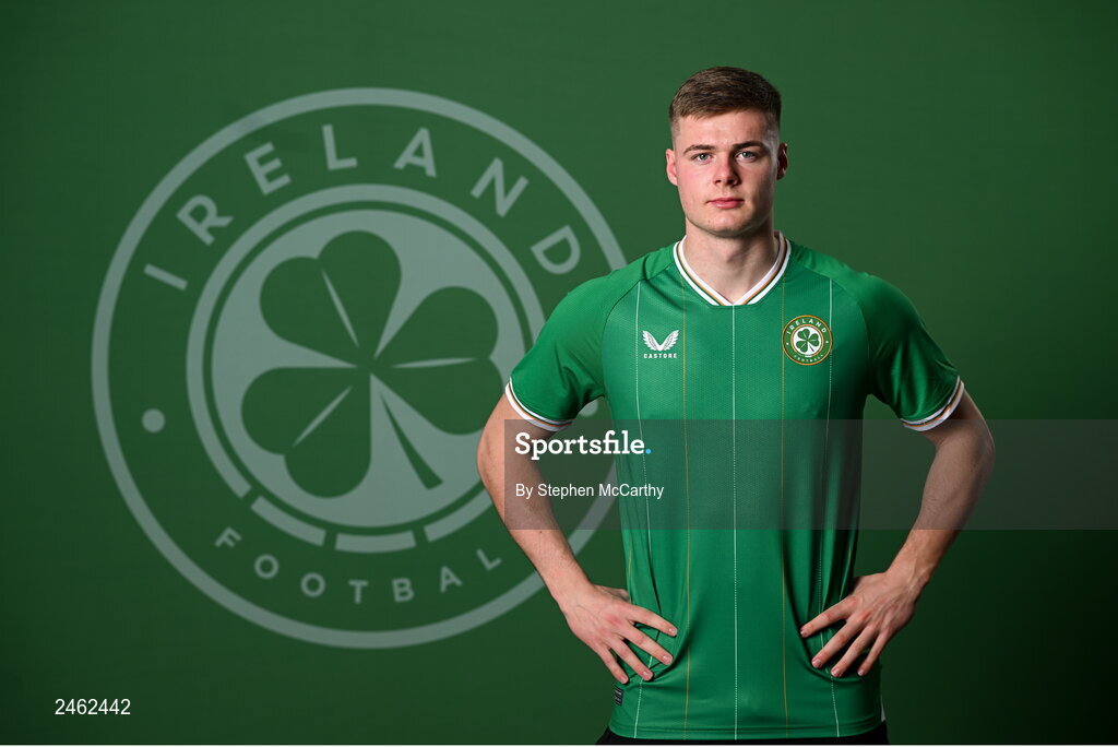 19 March 2023; Evan Ferguson poses for a portrait during a Republic of Ireland squad portrait session at Castleknock Hotel in Dublin. Photo by Stephen McCarthy/Sportsfile
