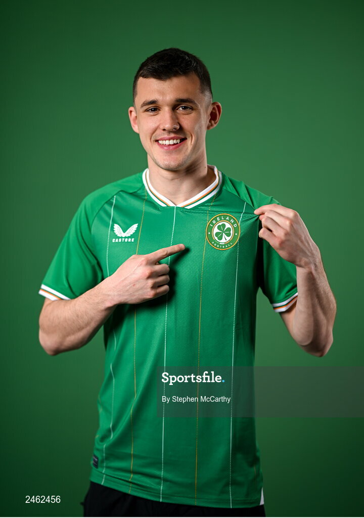 19 March 2023; Jason Knight poses for a portrait during a Republic of Ireland squad portrait session at Castleknock Hotel in Dublin. Photo by Stephen McCarthy/Sportsfile