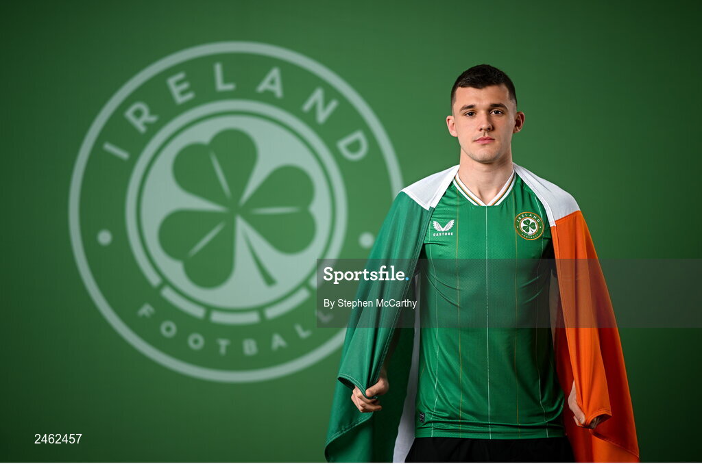 19 March 2023; Jason Knight poses for a portrait during a Republic of Ireland squad portrait session at Castleknock Hotel in Dublin. Photo by Stephen McCarthy/Sportsfile