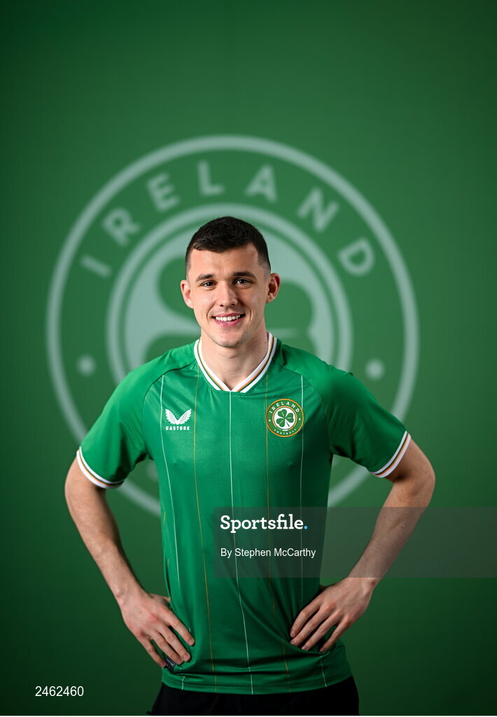 19 March 2023; Jason Knight poses for a portrait during a Republic of Ireland squad portrait session at Castleknock Hotel in Dublin. Photo by Stephen McCarthy/Sportsfile