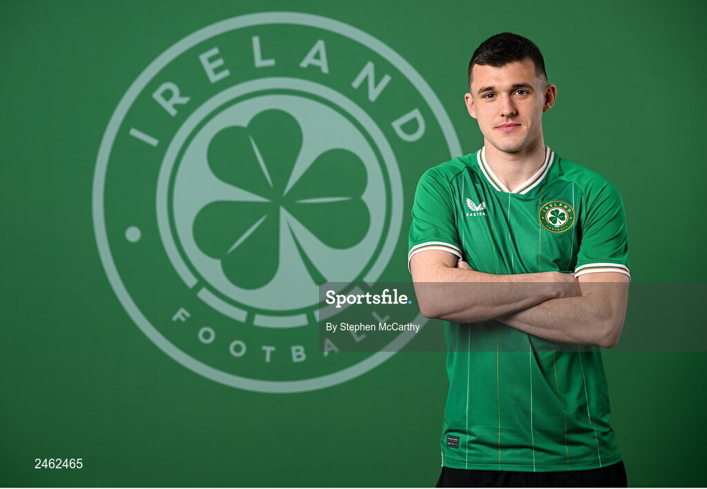 19 March 2023; Jason Knight poses for a portrait during a Republic of Ireland squad portrait session at Castleknock Hotel in Dublin. Photo by Stephen McCarthy/Sportsfile