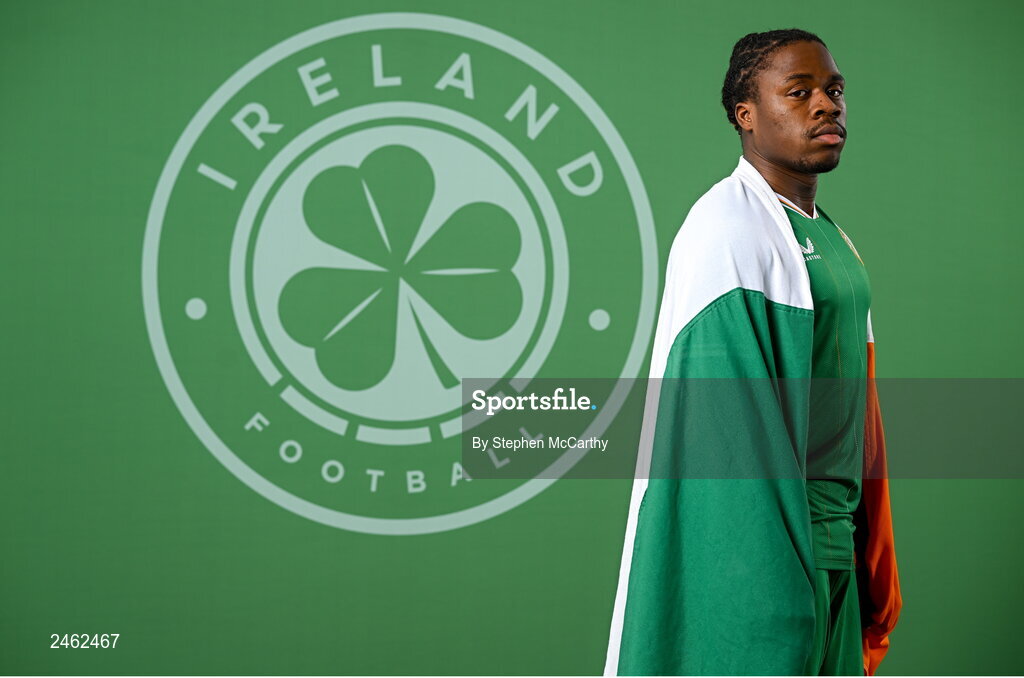 19 March 2023; Michael Obafemi poses for a portrait during a Republic of Ireland squad portrait session at Castleknock Hotel in Dublin. Photo by Stephen McCarthy/Sportsfile
