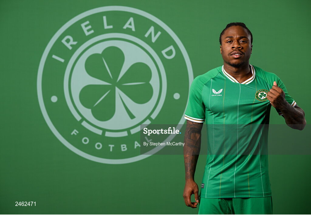 19 March 2023; Michael Obafemi poses for a portrait during a Republic of Ireland squad portrait session at Castleknock Hotel in Dublin. Photo by Stephen McCarthy/Sportsfile