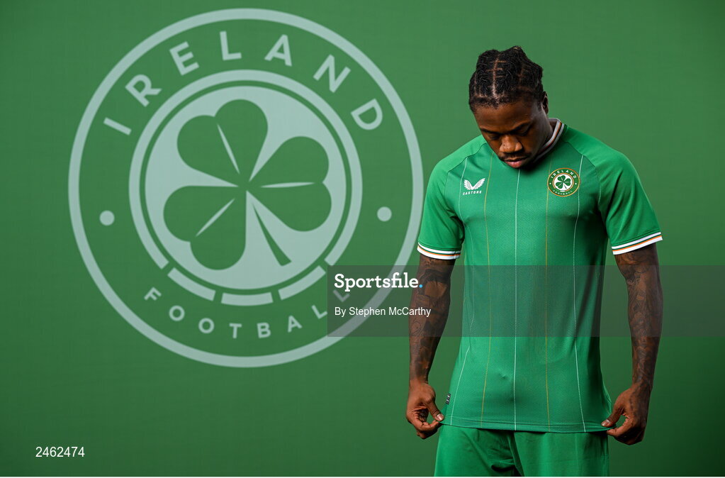 19 March 2023; Michael Obafemi poses for a portrait during a Republic of Ireland squad portrait session at Castleknock Hotel in Dublin. Photo by Stephen McCarthy/Sportsfile