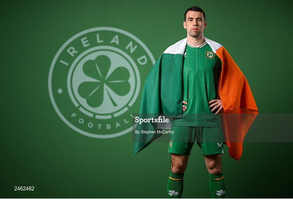 19 March 2023; Seamus Coleman poses for a portrait during a Republic of Ireland squad portrait session at Castleknock Hotel in Dublin. Photo by Stephen McCarthy/Sportsfile