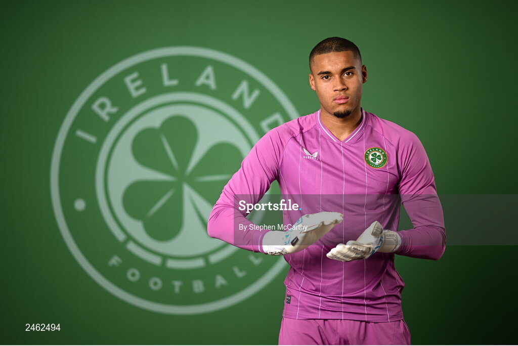 19 March 2023; Goalkeeper Gavin Bazunu poses for a portrait during a Republic of Ireland squad portrait session at Castleknock Hotel in Dublin. Photo by Stephen McCarthy/Sportsfile