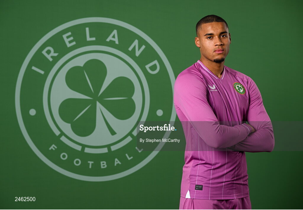 19 March 2023; Goalkeeper Gavin Bazunu poses for a portrait during a Republic of Ireland squad portrait session at Castleknock Hotel in Dublin. Photo by Stephen McCarthy/Sportsfile