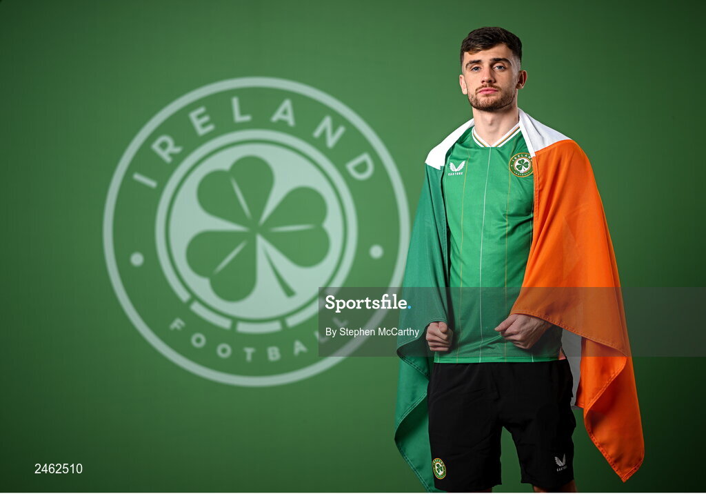 19 March 2023; Troy Parrott poses for a portrait during a Republic of Ireland squad portrait session at Castleknock Hotel in Dublin. Photo by Stephen McCarthy/Sportsfile