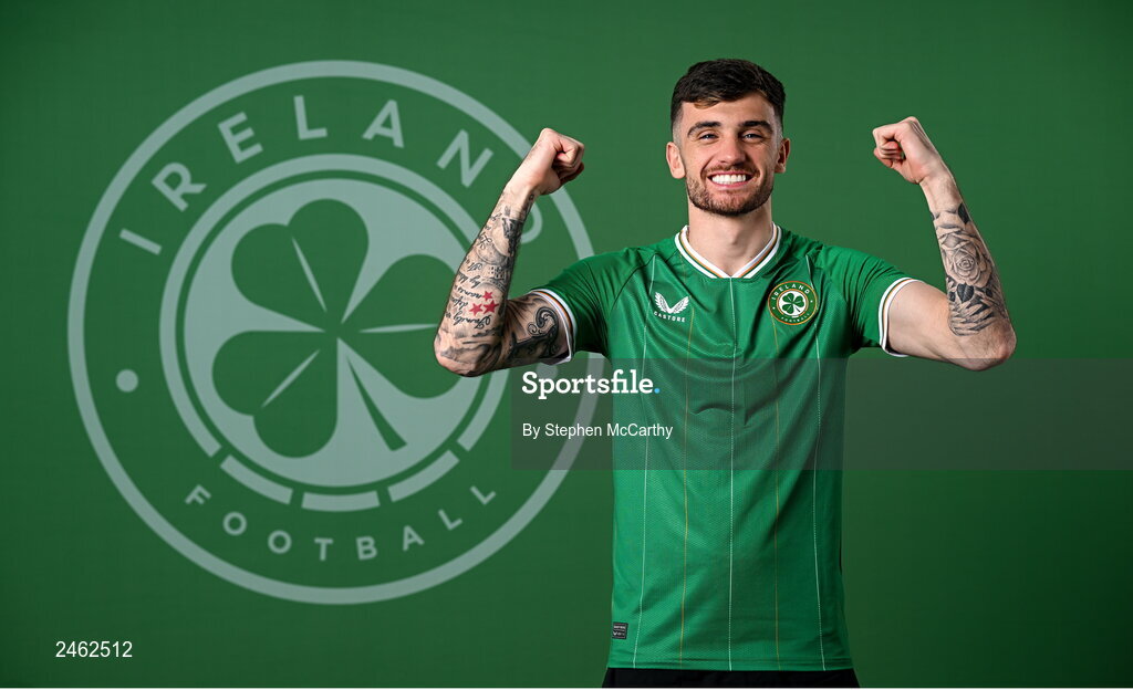 19 March 2023; Troy Parrott poses for a portrait during a Republic of Ireland squad portrait session at Castleknock Hotel in Dublin. Photo by Stephen McCarthy/Sportsfile