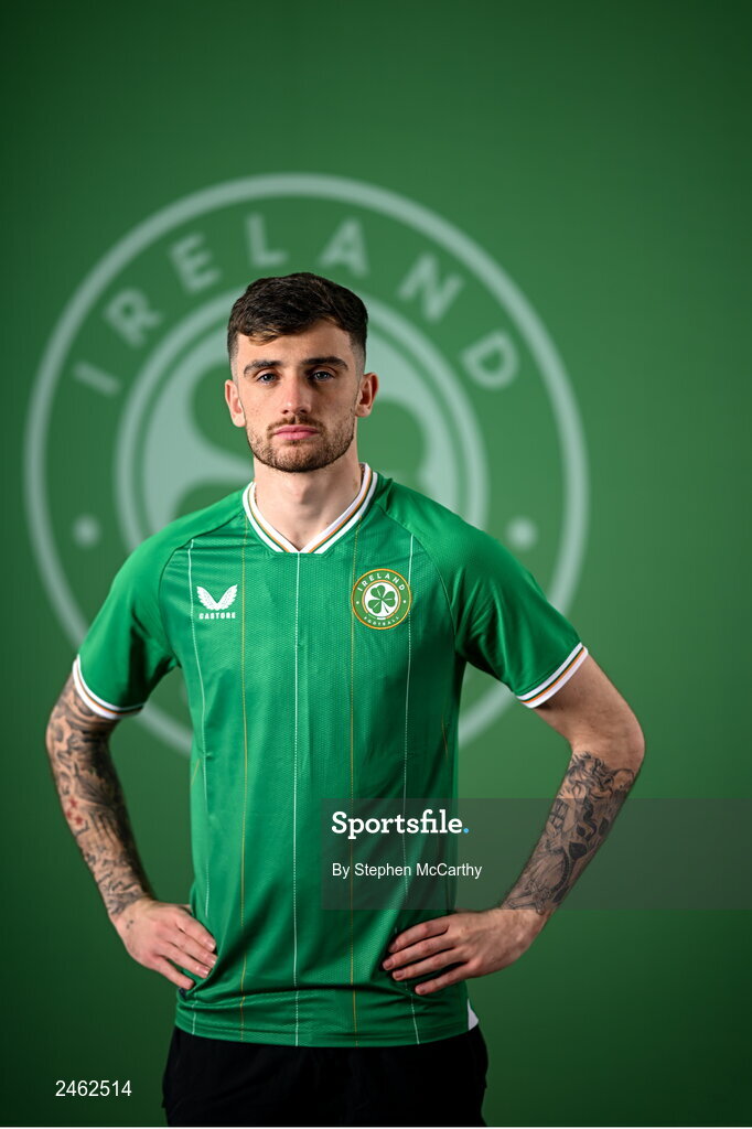 19 March 2023; Troy Parrott poses for a portrait during a Republic of Ireland squad portrait session at Castleknock Hotel in Dublin. Photo by Stephen McCarthy/Sportsfile