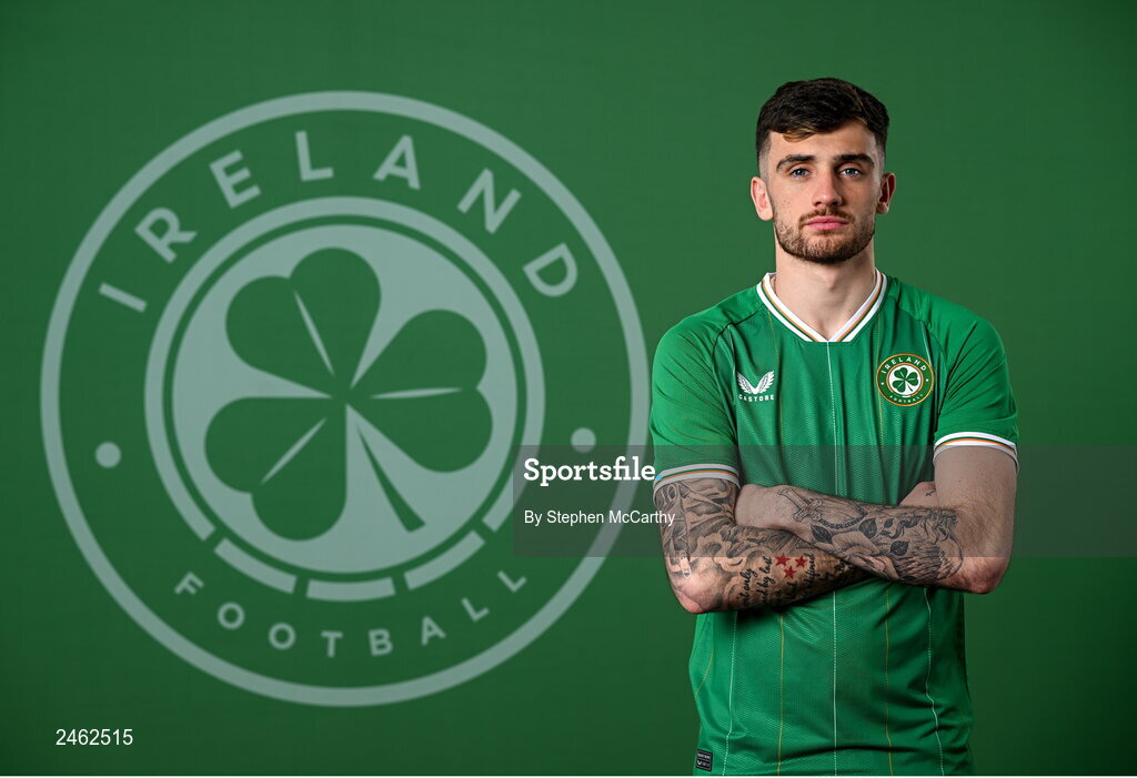 19 March 2023; Troy Parrott poses for a portrait during a Republic of Ireland squad portrait session at Castleknock Hotel in Dublin. Photo by Stephen McCarthy/Sportsfile