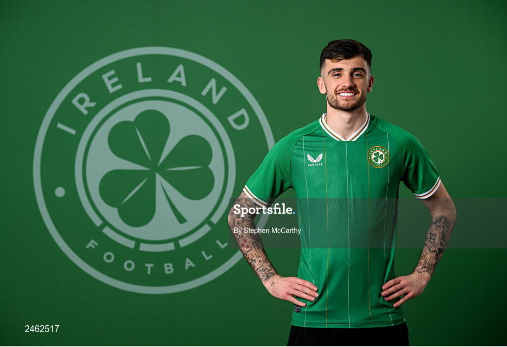 19 March 2023; Troy Parrott poses for a portrait during a Republic of Ireland squad portrait session at Castleknock Hotel in Dublin. Photo by Stephen McCarthy/Sportsfile