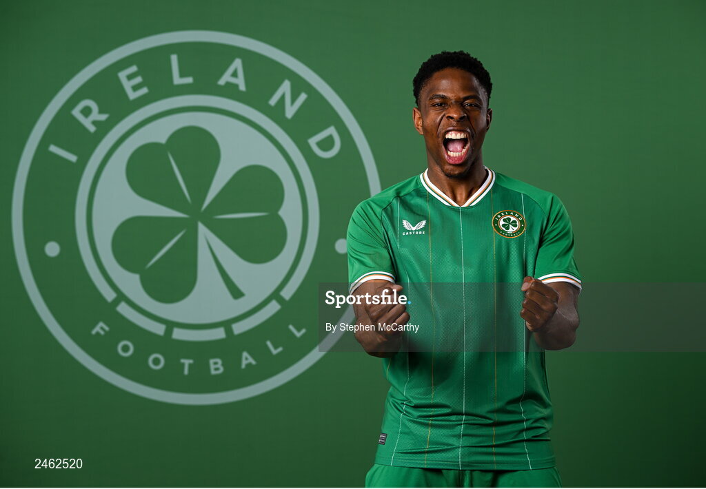 19 March 2023; Chiedozie Ogbene poses for a portrait during a Republic of Ireland squad portrait session at Castleknock Hotel in Dublin. Photo by Stephen McCarthy/Sportsfile