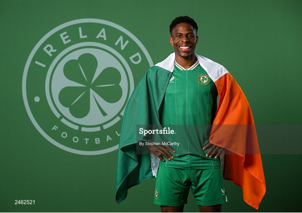 19 March 2023; Chiedozie Ogbene poses for a portrait during a Republic of Ireland squad portrait session at Castleknock Hotel in Dublin. Photo by Stephen McCarthy/Sportsfile