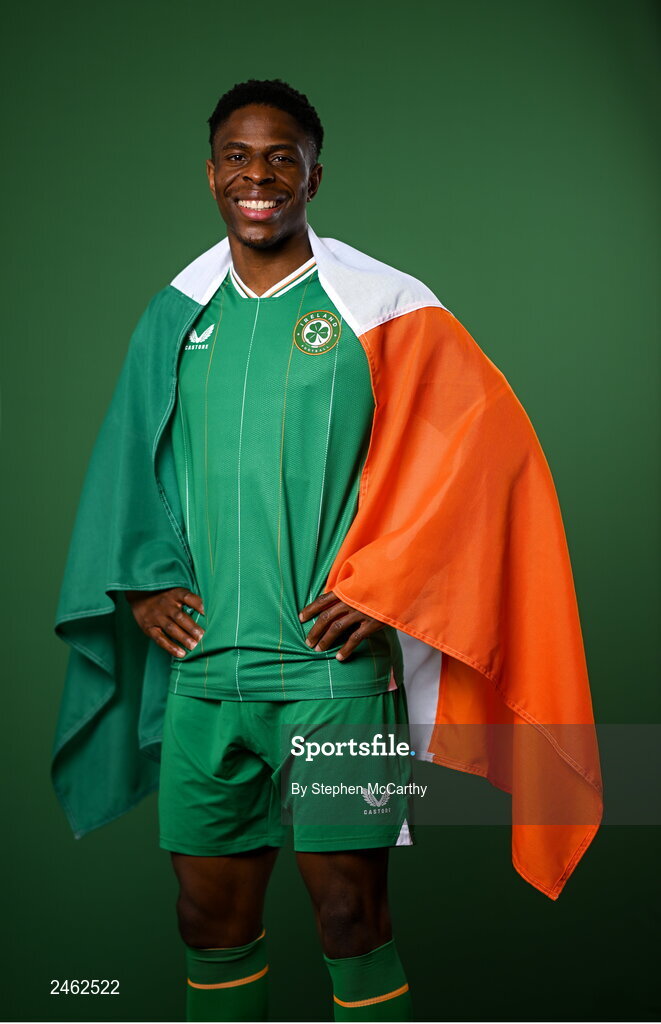 19 March 2023; Chiedozie Ogbene poses for a portrait during a Republic of Ireland squad portrait session at Castleknock Hotel in Dublin. Photo by Stephen McCarthy/Sportsfile