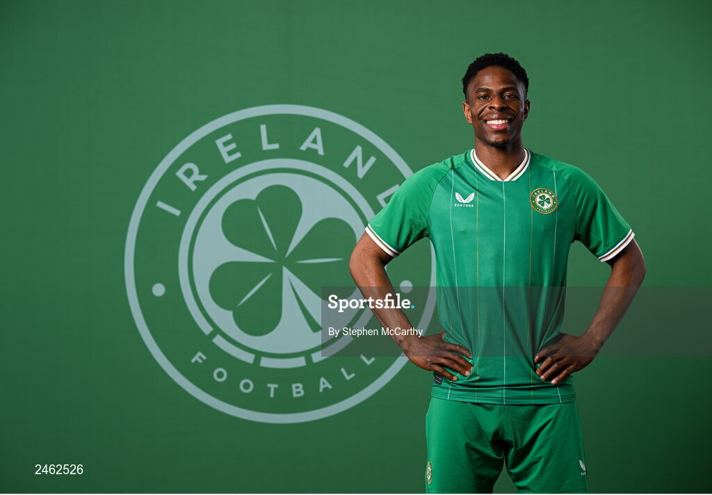 19 March 2023; Chiedozie Ogbene poses for a portrait during a Republic of Ireland squad portrait session at Castleknock Hotel in Dublin. Photo by Stephen McCarthy/Sportsfile