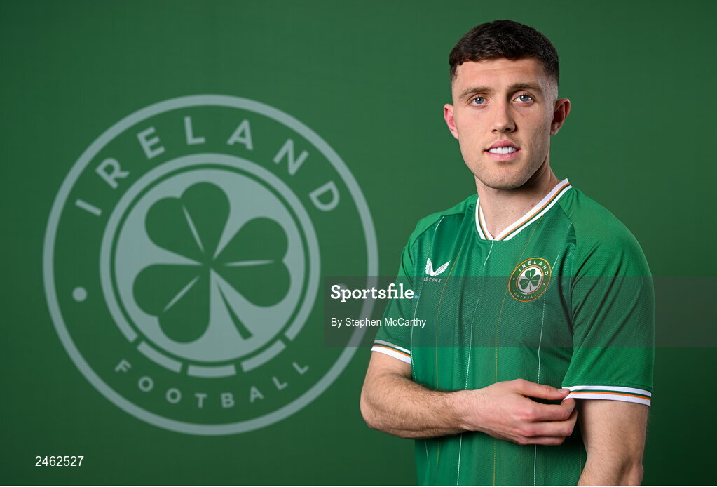 19 March 2023; Dara O'Shea poses for a portrait during a Republic of Ireland squad portrait session at Castleknock Hotel in Dublin. Photo by Stephen McCarthy/Sportsfile