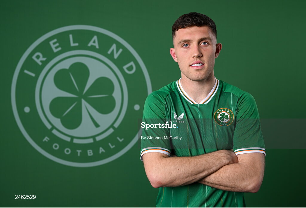 19 March 2023; Dara O'Shea poses for a portrait during a Republic of Ireland squad portrait session at Castleknock Hotel in Dublin. Photo by Stephen McCarthy/Sportsfile