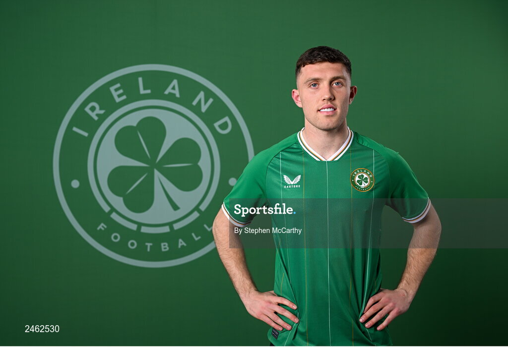 19 March 2023; Dara O'Shea poses for a portrait during a Republic of Ireland squad portrait session at Castleknock Hotel in Dublin. Photo by Stephen McCarthy/Sportsfile