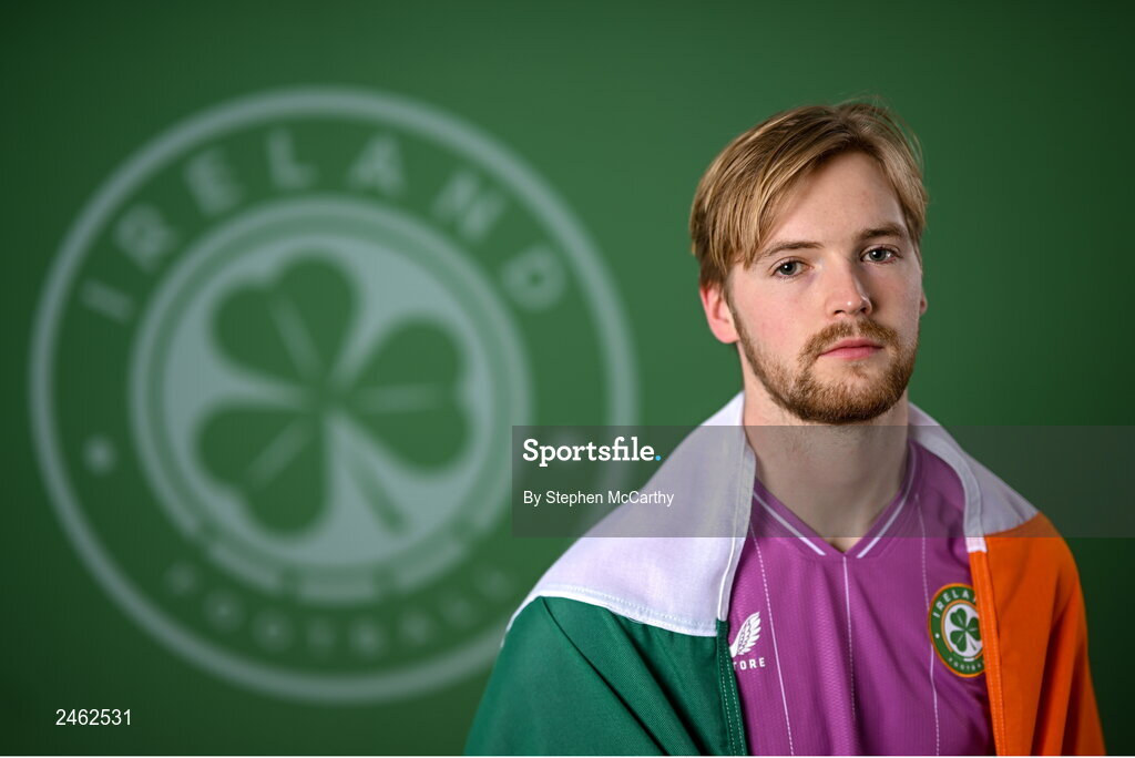 19 March 2023; Goalkeeper Caoimhin Kelleher poses for a portrait during a Republic of Ireland squad portrait session at Castleknock Hotel in Dublin. Photo by Stephen McCarthy/Sportsfile