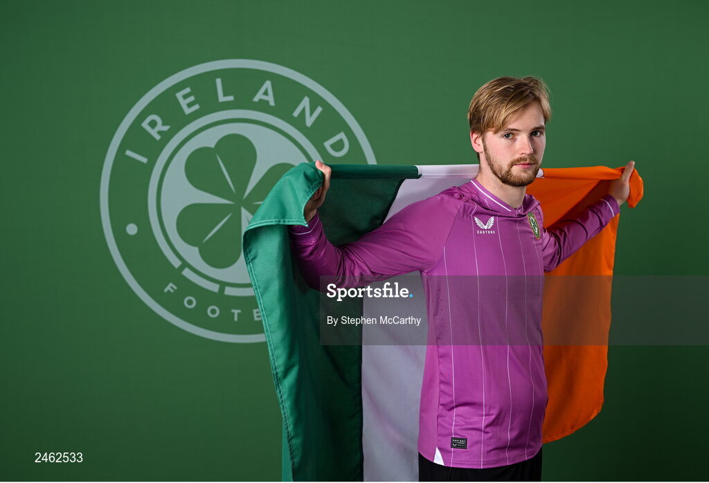 19 March 2023; Goalkeeper Caoimhin Kelleher poses for a portrait during a Republic of Ireland squad portrait session at Castleknock Hotel in Dublin. Photo by Stephen McCarthy/Sportsfile