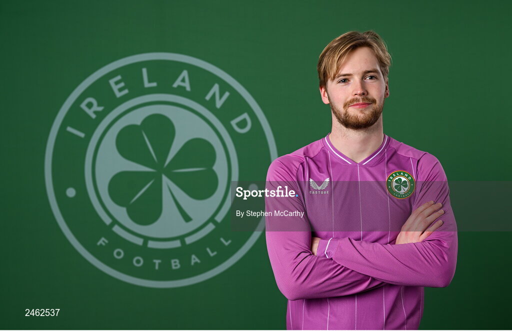 19 March 2023; Goalkeeper Caoimhin Kelleher poses for a portrait during a Republic of Ireland squad portrait session at Castleknock Hotel in Dublin. Photo by Stephen McCarthy/Sportsfile