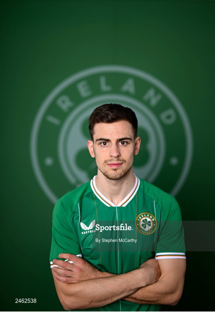 19 March 2023; Jayson Molumby poses for a portrait during a Republic of Ireland squad portrait session at Castleknock Hotel in Dublin. Photo by Stephen McCarthy/Sportsfile