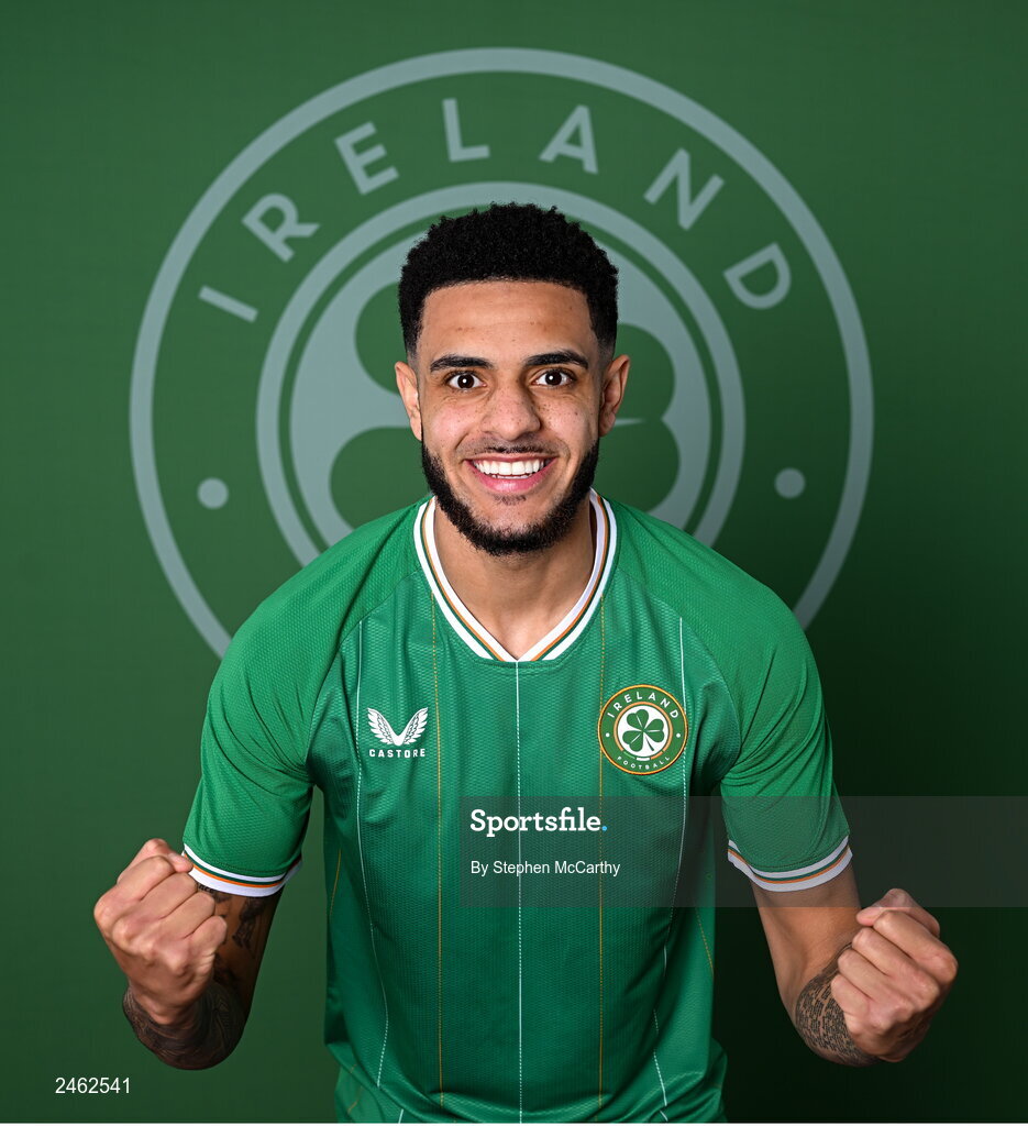 19 March 2023; Andrew Omobamidele poses for a portrait during a Republic of Ireland squad portrait session at Castleknock Hotel in Dublin. Photo by Stephen McCarthy/Sportsfile