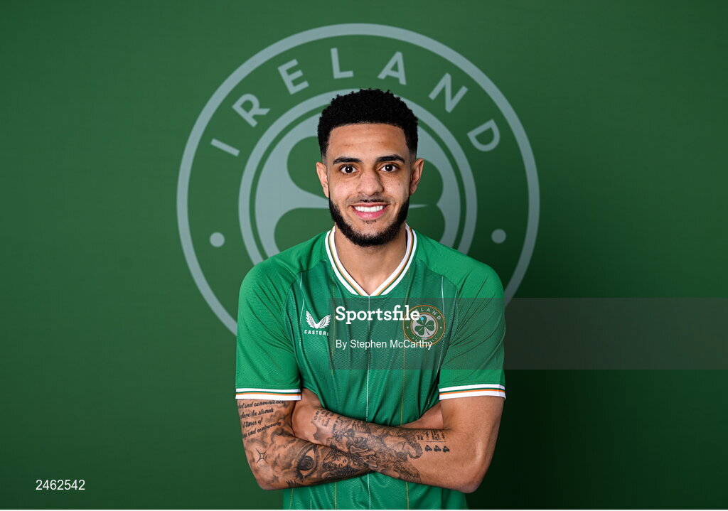 19 March 2023; Andrew Omobamidele poses for a portrait during a Republic of Ireland squad portrait session at Castleknock Hotel in Dublin. Photo by Stephen McCarthy/Sportsfile