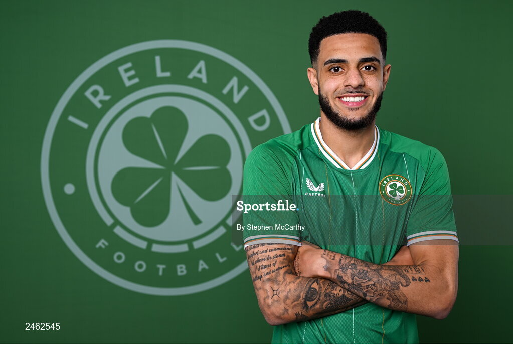 19 March 2023; Andrew Omobamidele poses for a portrait during a Republic of Ireland squad portrait session at Castleknock Hotel in Dublin. Photo by Stephen McCarthy/Sportsfile