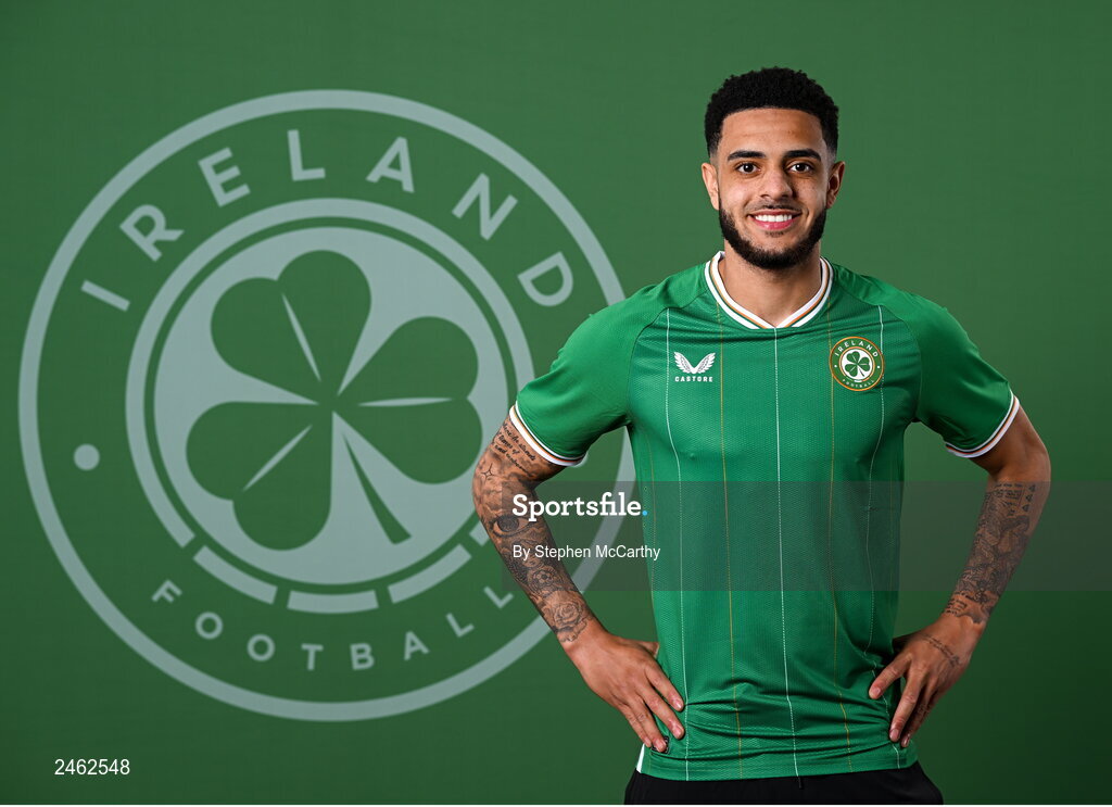 19 March 2023; Andrew Omobamidele poses for a portrait during a Republic of Ireland squad portrait session at Castleknock Hotel in Dublin. Photo by Stephen McCarthy/Sportsfile