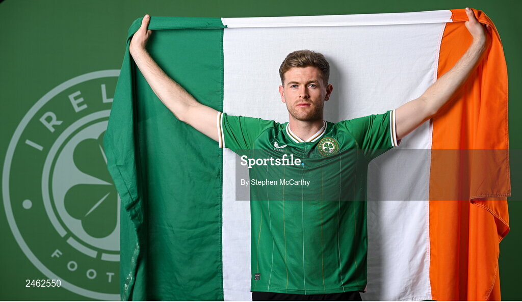 19 March 2023; Nathan Collins poses for a portrait during a Republic of Ireland squad portrait session at Castleknock Hotel in Dublin. Photo by Stephen McCarthy/Sportsfile