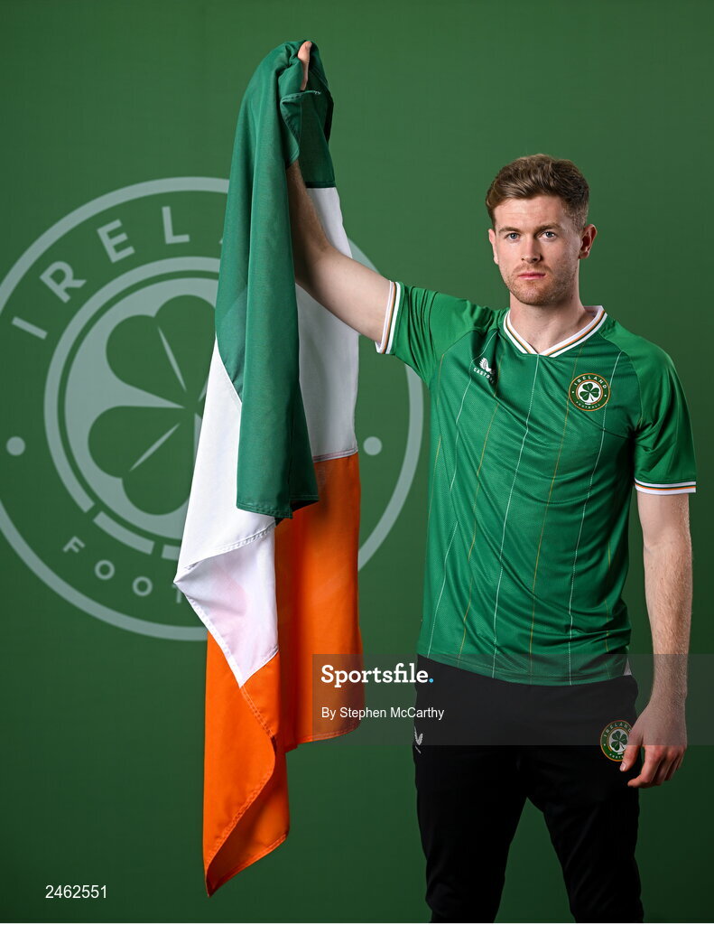 19 March 2023; Nathan Collins poses for a portrait during a Republic of Ireland squad portrait session at Castleknock Hotel in Dublin. Photo by Stephen McCarthy/Sportsfile