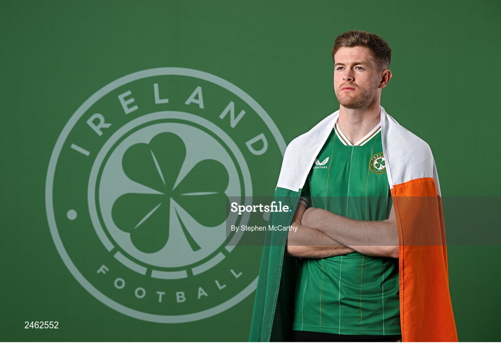 19 March 2023; Nathan Collins poses for a portrait during a Republic of Ireland squad portrait session at Castleknock Hotel in Dublin. Photo by Stephen McCarthy/Sportsfile