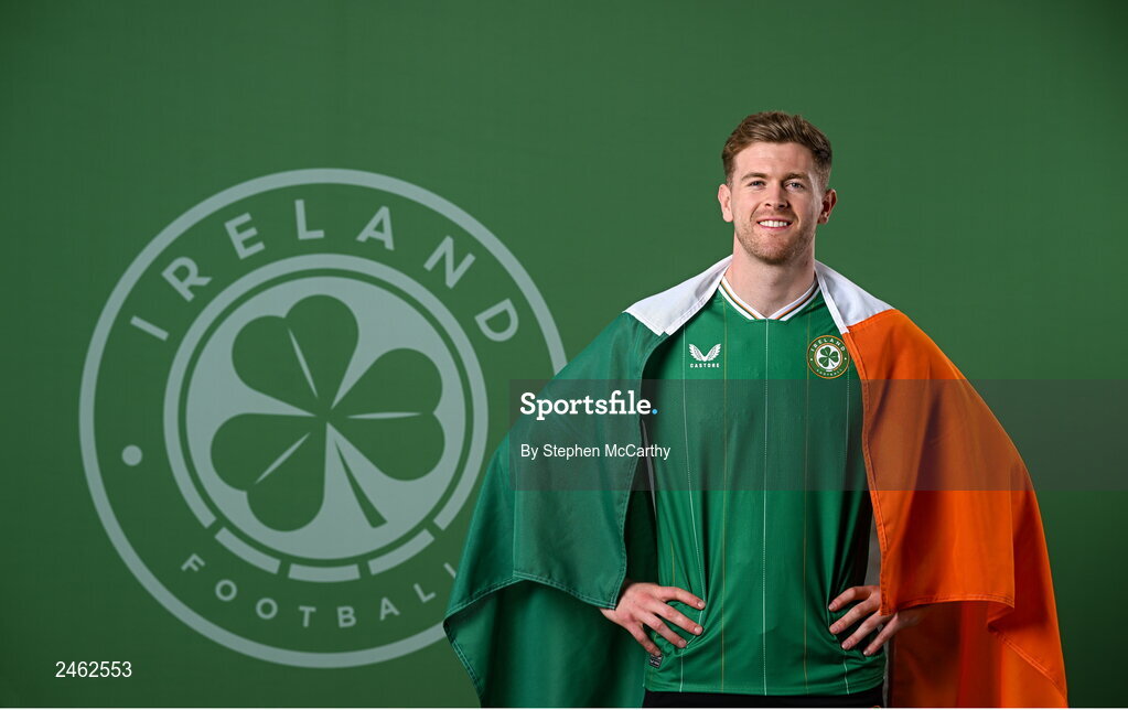 19 March 2023; Nathan Collins poses for a portrait during a Republic of Ireland squad portrait session at Castleknock Hotel in Dublin. Photo by Stephen McCarthy/Sportsfile
