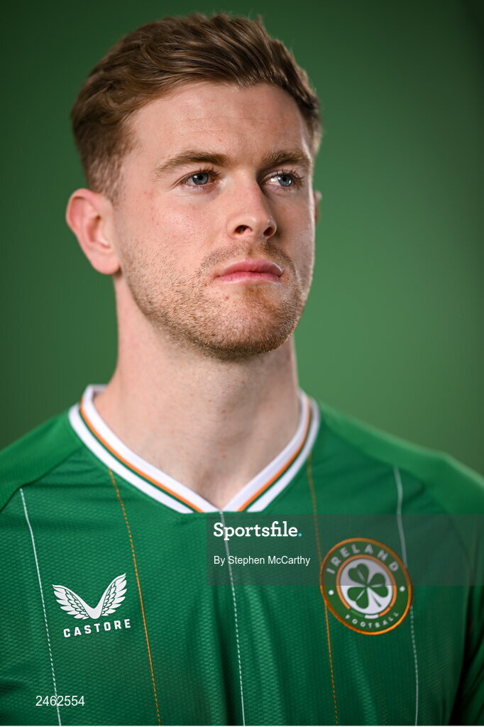 19 March 2023; Nathan Collins poses for a portrait during a Republic of Ireland squad portrait session at Castleknock Hotel in Dublin. Photo by Stephen McCarthy/Sportsfile