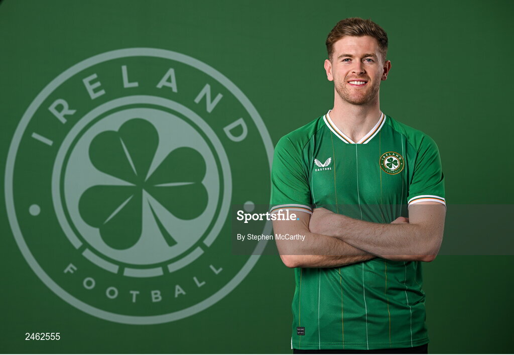 19 March 2023; Nathan Collins poses for a portrait during a Republic of Ireland squad portrait session at Castleknock Hotel in Dublin. Photo by Stephen McCarthy/Sportsfile