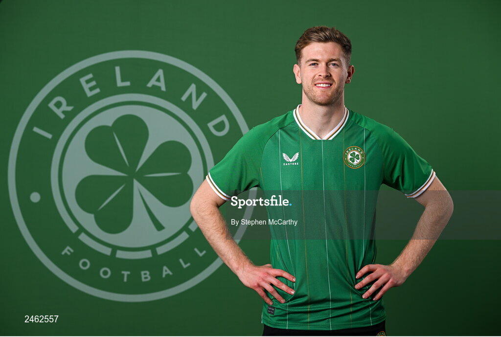 19 March 2023; Nathan Collins poses for a portrait during a Republic of Ireland squad portrait session at Castleknock Hotel in Dublin. Photo by Stephen McCarthy/Sportsfile