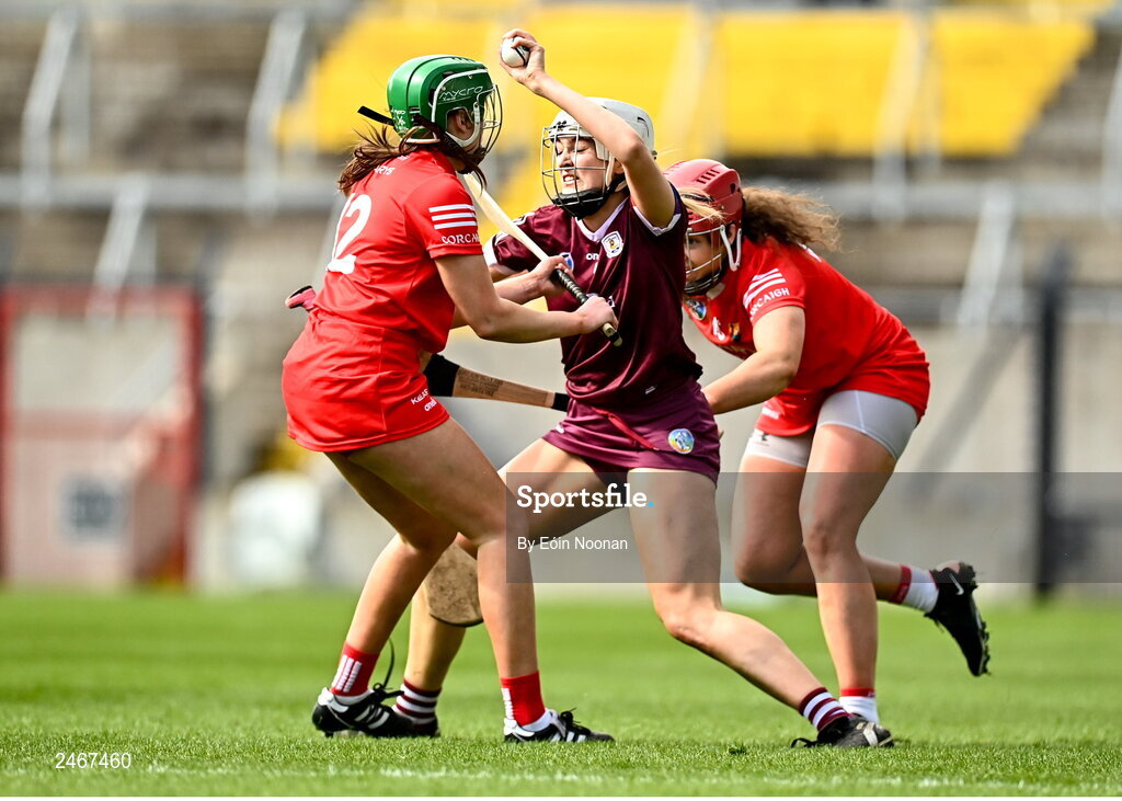 26 March 2023; Katie Anna Porter of Galway is tackled by Cliona Healy of Cork during the Very Camogie League Division 1A match between Kilkenny and Galway at Páirc Ui Chaoimh in Cork. Photo by Eóin Noonan/Sportsfile