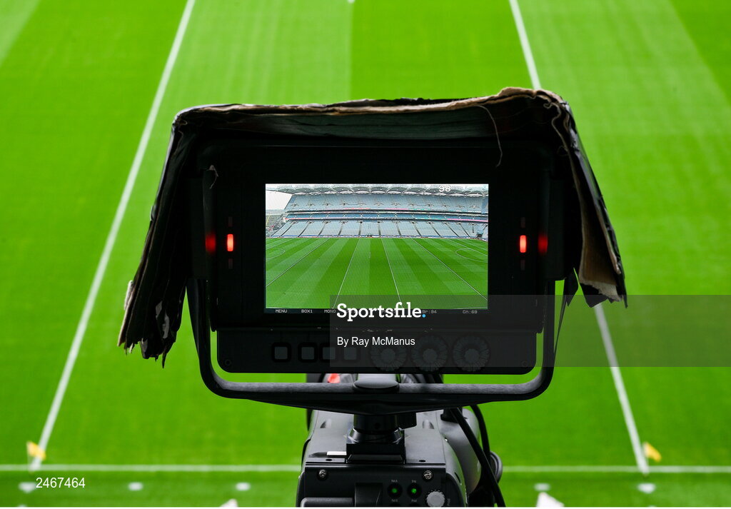 26 March 2023; The Croke Park pitch is seen through the lens of a TV Camera before the Allianz Football League Division 2 match between Dublin and Louth at Croke Park in Dublin. Photo by Ray McManus/Sportsfile