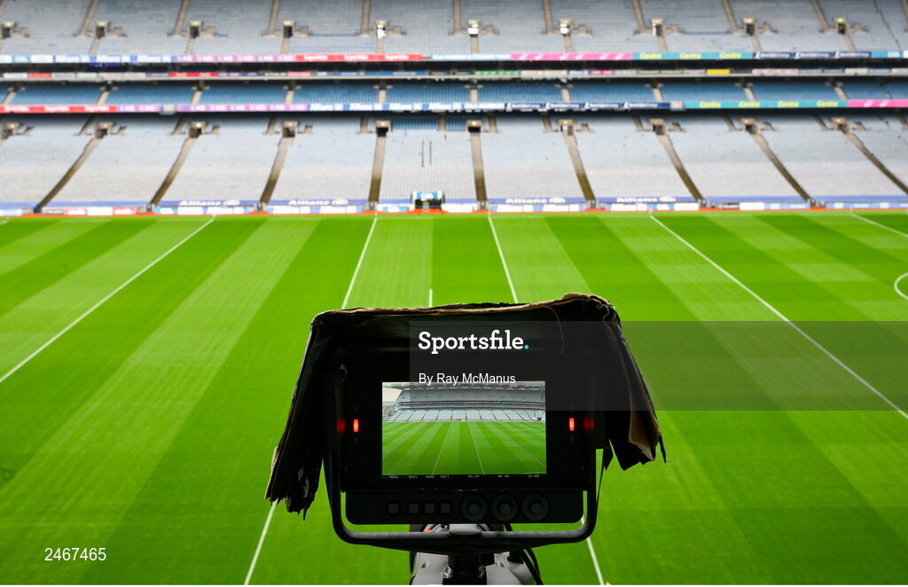 26 March 2023; The Croke Park pitch is seen through the lens of a TV Camera before the Allianz Football League Division 2 match between Dublin and Louth at Croke Park in Dublin. Photo by Ray McManus/Sportsfile