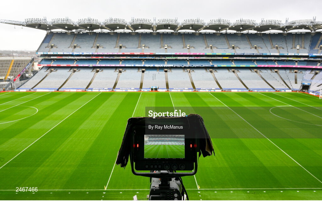 26 March 2023; The Croke Park pitch is seen through the lens of a TV Camera before the Allianz Football League Division 2 match between Dublin and Louth at Croke Park in Dublin. Photo by Ray McManus/Sportsfile