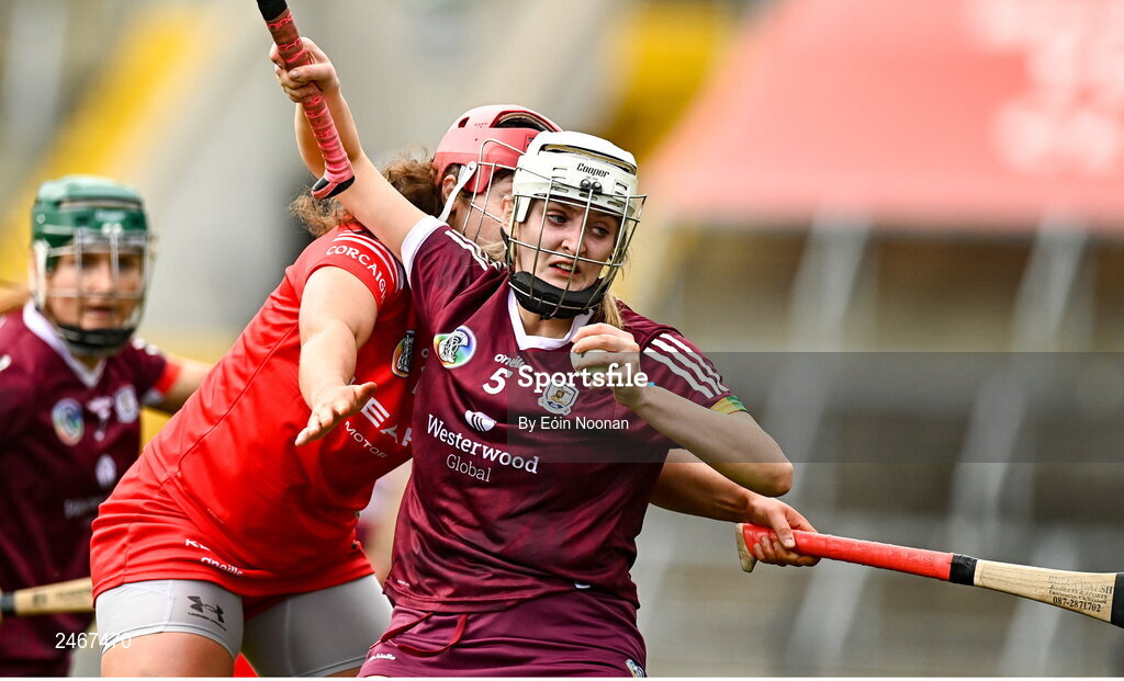 26 March 2023; Katie Anna Porter of Galway in action against Sorcha McCartan of Cork during the Very Camogie League Division 1A match between Kilkenny and Galway at Páirc Ui Chaoimh in Cork. Photo by Eóin Noonan/Sportsfile