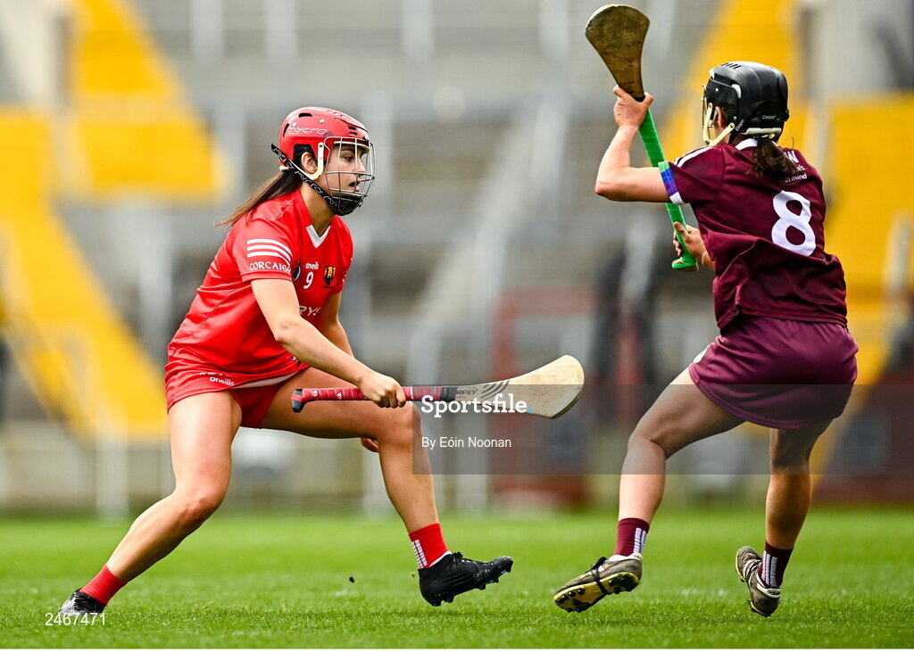 26 March 2023; Fiona Keating of Cork in action against Aoife Donohue of Galway during the Very Camogie League Division 1A match between Kilkenny and Galway at Páirc Ui Chaoimh in Cork. Photo by Eóin Noonan/Sportsfile