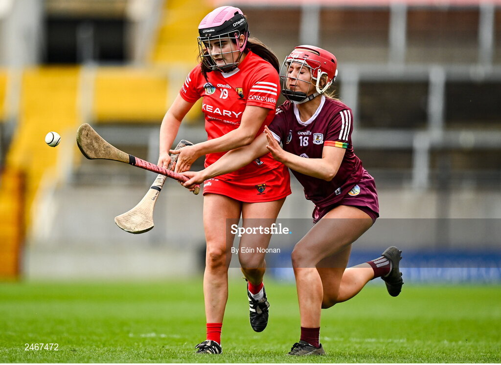 26 March 2023; Emma Murphy of Cork in action against Ciara Hickey of Galway during the Very Camogie League Division 1A match between Kilkenny and Galway at Páirc Ui Chaoimh in Cork. Photo by Eóin Noonan/Sportsfile