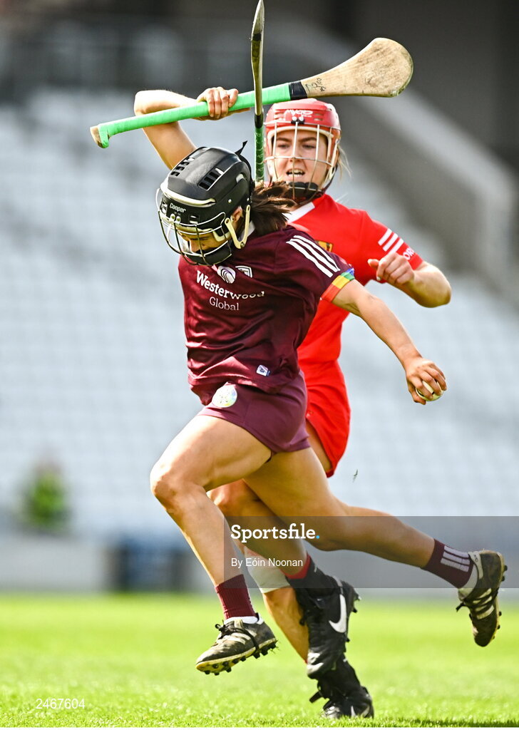26 March 2023; Aoife Donohue of Galway in action against Libby Coppinger of Cork during the Very Camogie League Division 1A match between Kilkenny and Galway at Páirc Ui Chaoimh in Cork. Photo by Eóin Noonan/Sportsfile