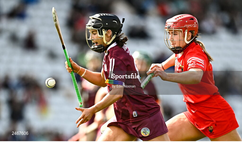 26 March 2023; Aoife Donohue of Galway in action against Libby Coppinger of Cork during the Very Camogie League Division 1A match between Kilkenny and Galway at Páirc Ui Chaoimh in Cork. Photo by Eóin Noonan/Sportsfile