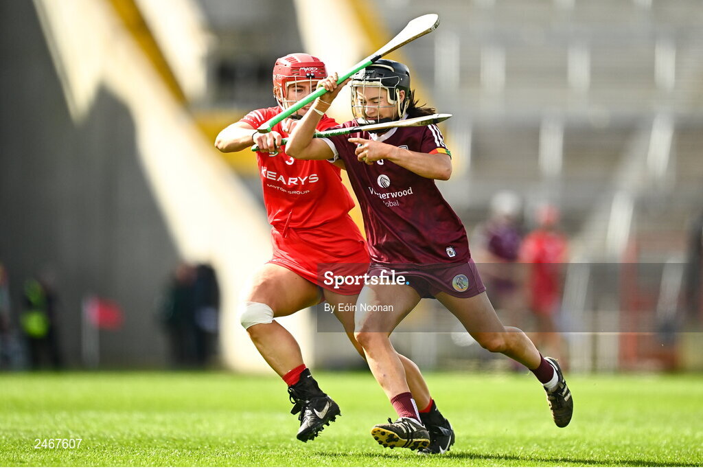 26 March 2023; Aoife Donohue of Galway in action against Libby Coppinger of Cork during the Very Camogie League Division 1A match between Kilkenny and Galway at Páirc Ui Chaoimh in Cork. Photo by Eóin Noonan/Sportsfile