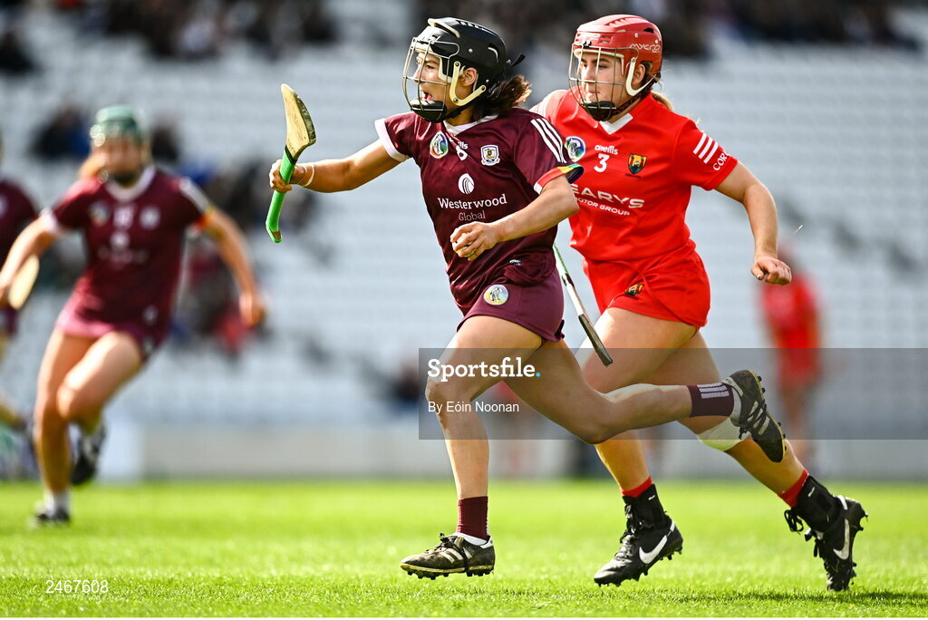 26 March 2023; Aoife Donohue of Galway in action against Libby Coppinger of Cork during the Very Camogie League Division 1A match between Kilkenny and Galway at Páirc Ui Chaoimh in Cork. Photo by Eóin Noonan/Sportsfile