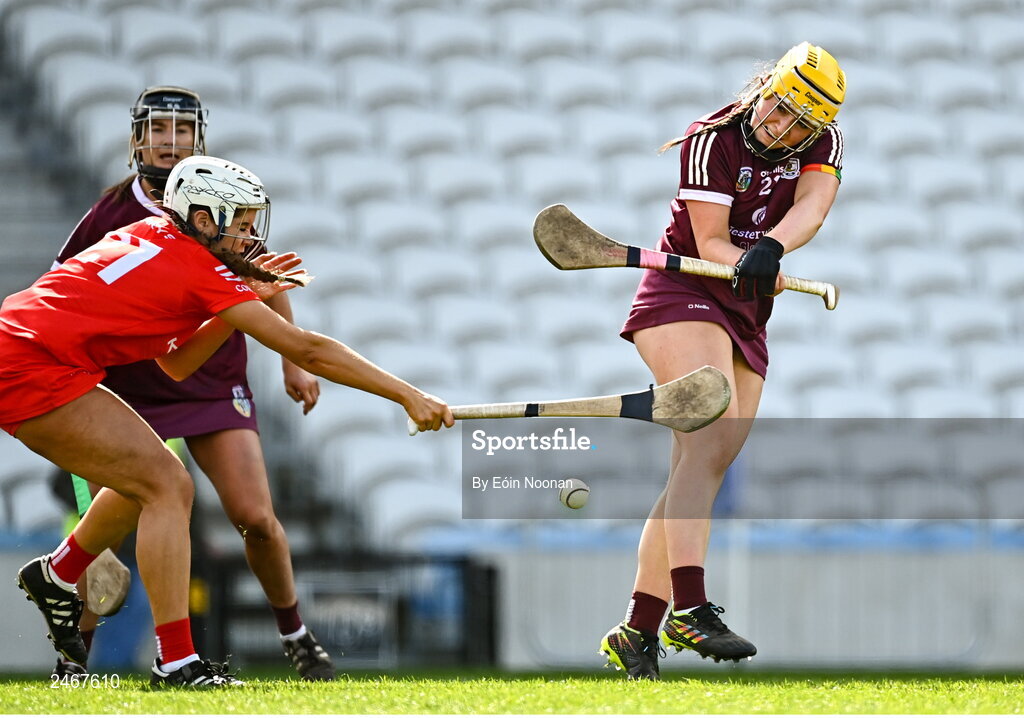 26 March 2023; Shannon Corcoran of Galway in action against Aoife O’Neill of Cork during the Very Camogie League Division 1A match between Kilkenny and Galway at Páirc Ui Chaoimh in Cork. Photo by Eóin Noonan/Sportsfile